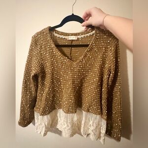 Altar'd State Brown V-Neck Sweater with Cream Lace